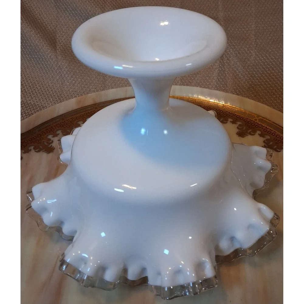 Fenton Silver Crest Milk Glass Compote Ruffled Edge Pedestal Candy Dish 8.5